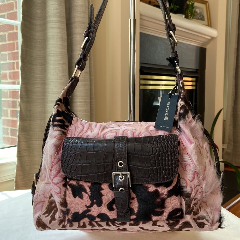 Berge Pink & Brown Leather Shoulder Bag, NWT